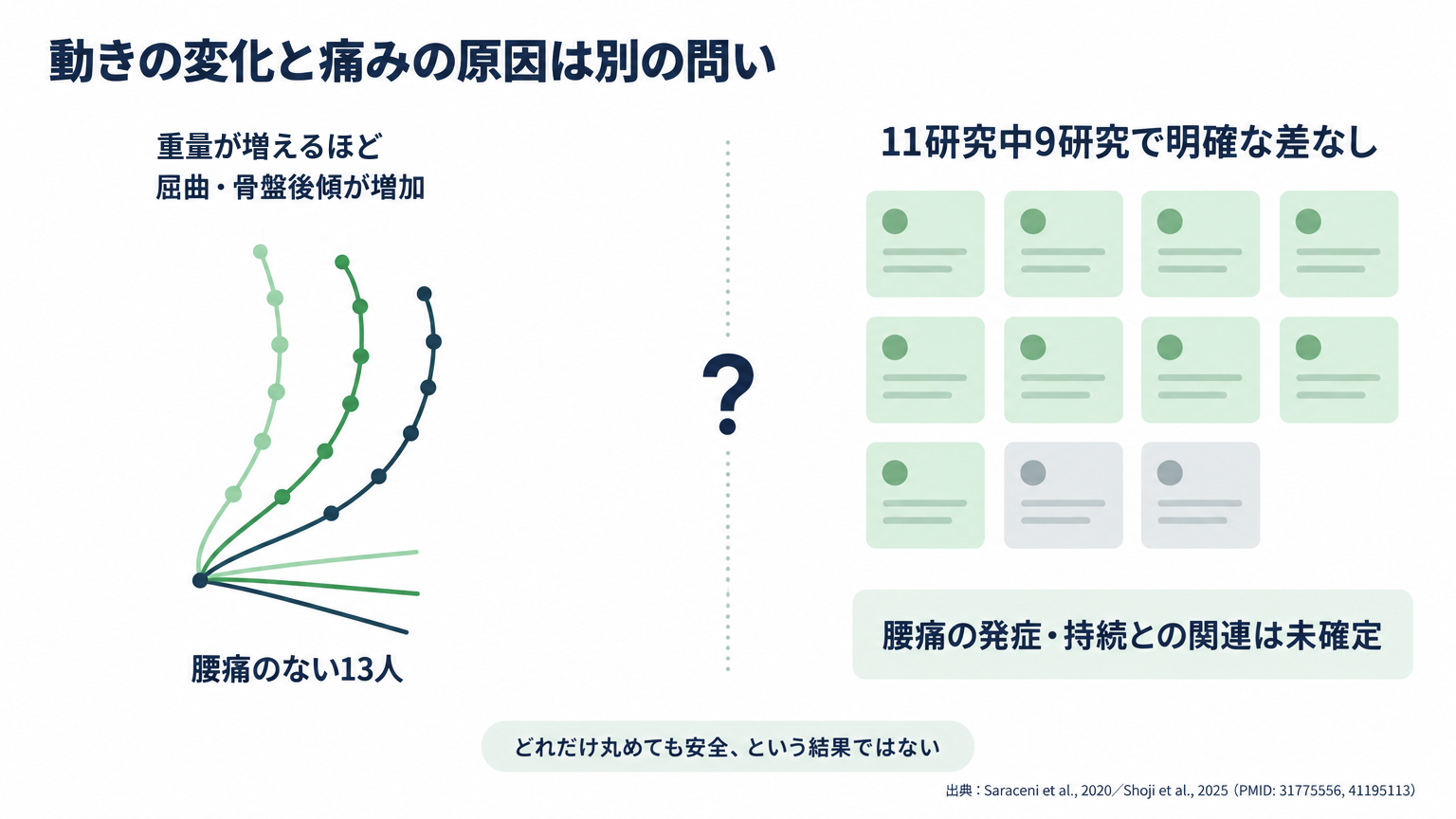 重量によって腰背部の動きが変わることと、その動きが腰痛の原因であることは別の問いである。