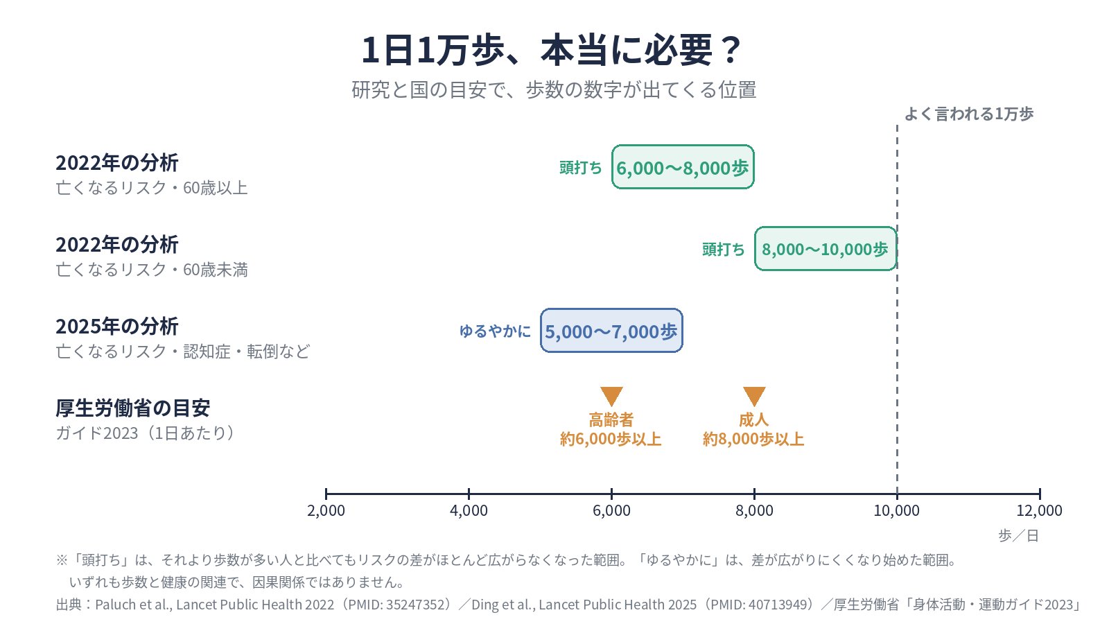歩数の数直線。2022年の分析で、歩数が多い人ほど亡くなるリスクが低いという関係が頭打ちになった範囲（60歳以上は6,000〜8,000歩、60歳未満は8,000〜10,000歩）、2025年の分析で差が広がりにくくなり始めた範囲（5,000〜7,000歩）、厚生労働省の目安（高齢者約6,000歩、成人約8,000歩）を示した図